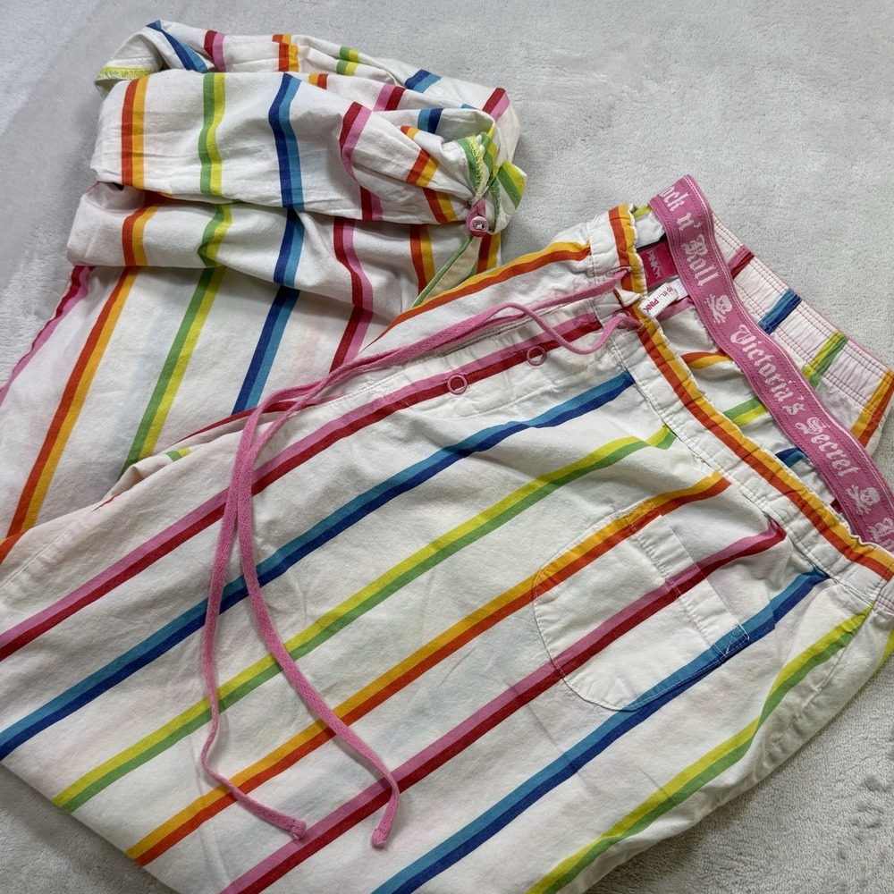 Y2K 2006 Victoria's Secret PINK Rainbow Stripe Pajama Capris White Cotton Large